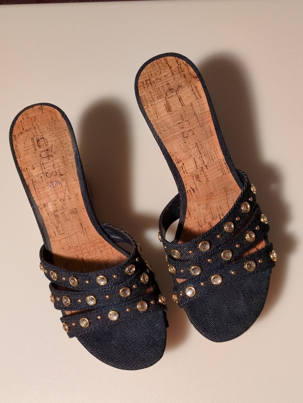 Guess Studded Denim Slide Cork Wedge Navy Silver Clear Gems 7M